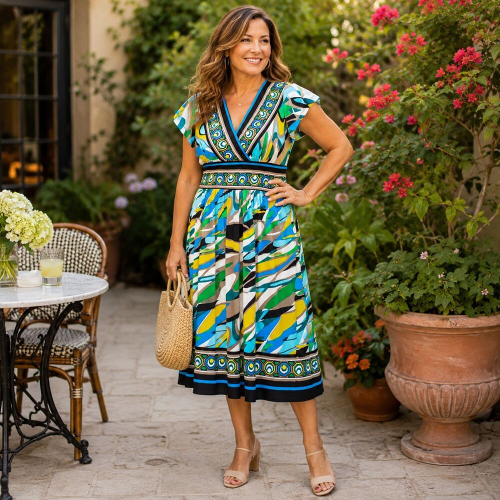 AB STUDIO Women’s Multicolor Geometric Midi Dress Medium Brunch Boho
